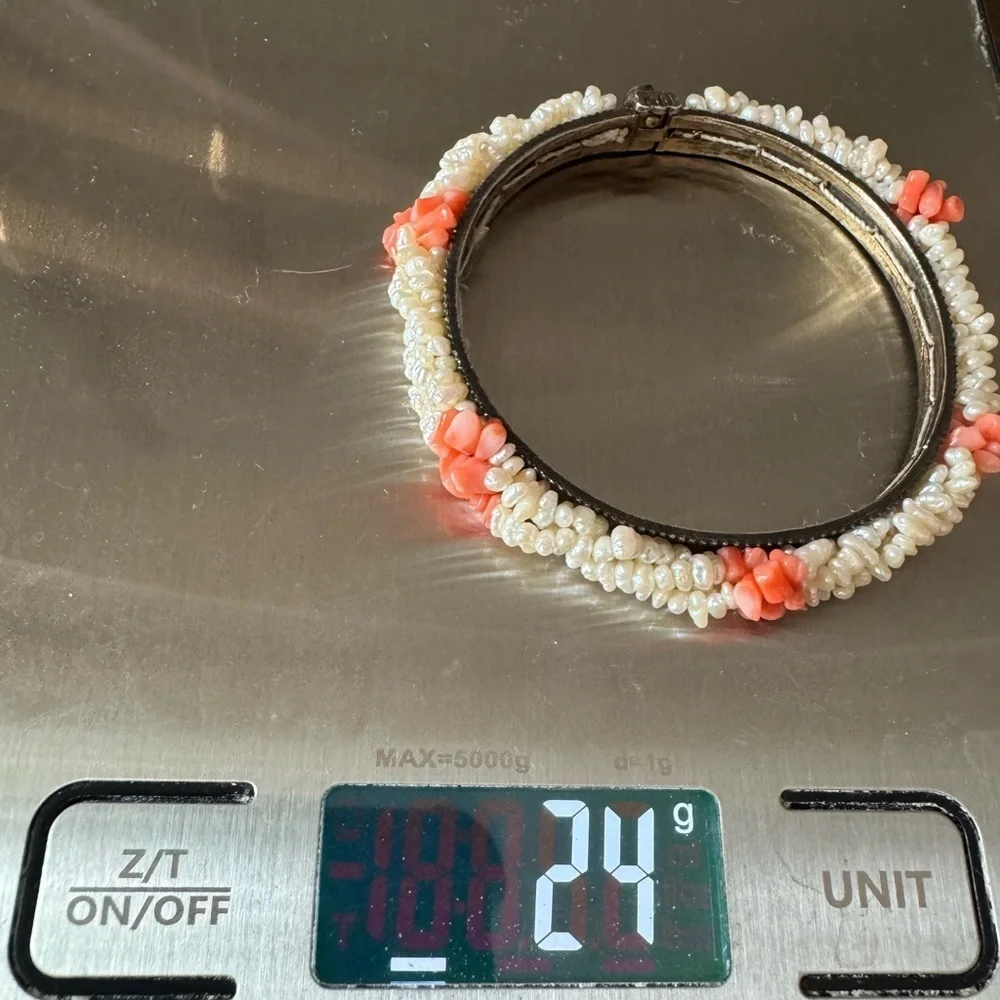Antique Angel Skin Coral Freshwater Pearl Signed Estate Bracelet